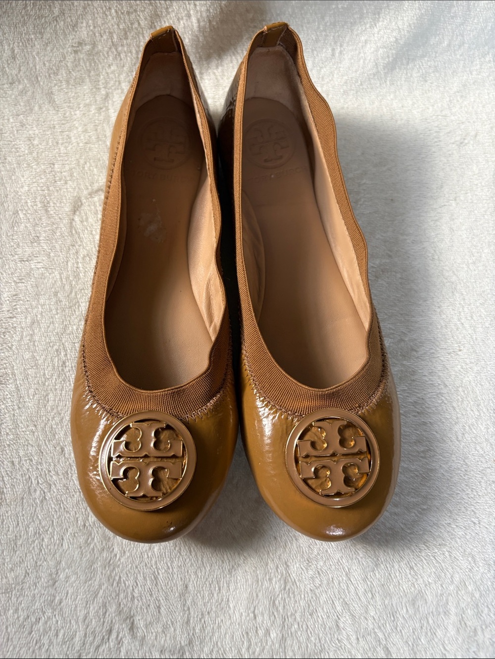 Tory Burch Caramel Patent Leather Logo Ballet Flats